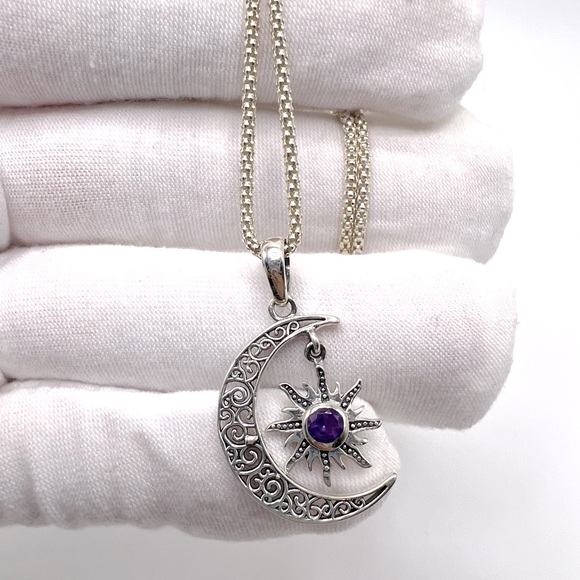 Genuine Amethyst .925 Sterling Silver Moon Necklace - Picture 2 of 13